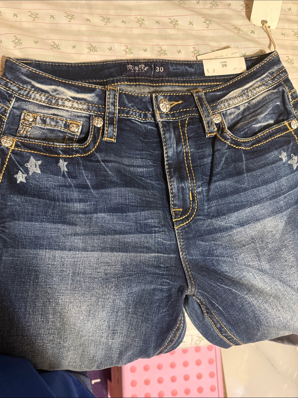 Miss Me Blue Washed Flare Jeans with Star Stripe Print - Picture 6 of 13